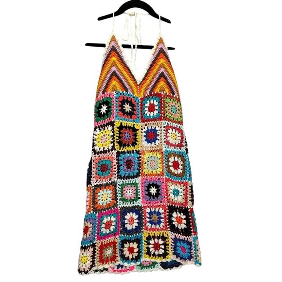 Boo Hoo Womens Dress Crochet Patchwork Knit Size Medium NWT Stretch Colorful - Picture 1 of 9
